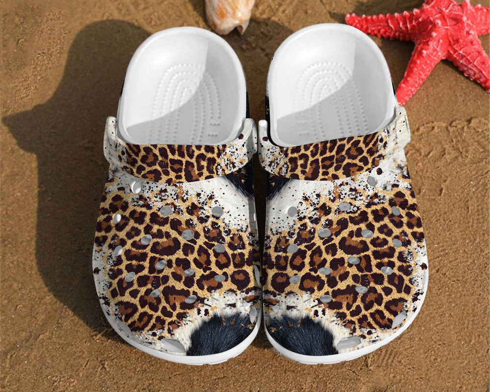 Leopard Black White Fur Cheetah Rubber Crocs Clog Shoes Comfy Footwear
