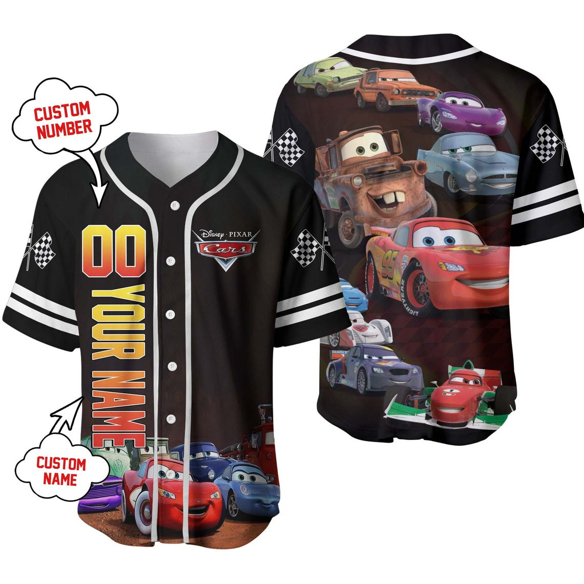 Lightning McQueen Racing Flag Cars Disney Unisex Cartoon Custom Baseball Jersey Personalized Shirt Men Women