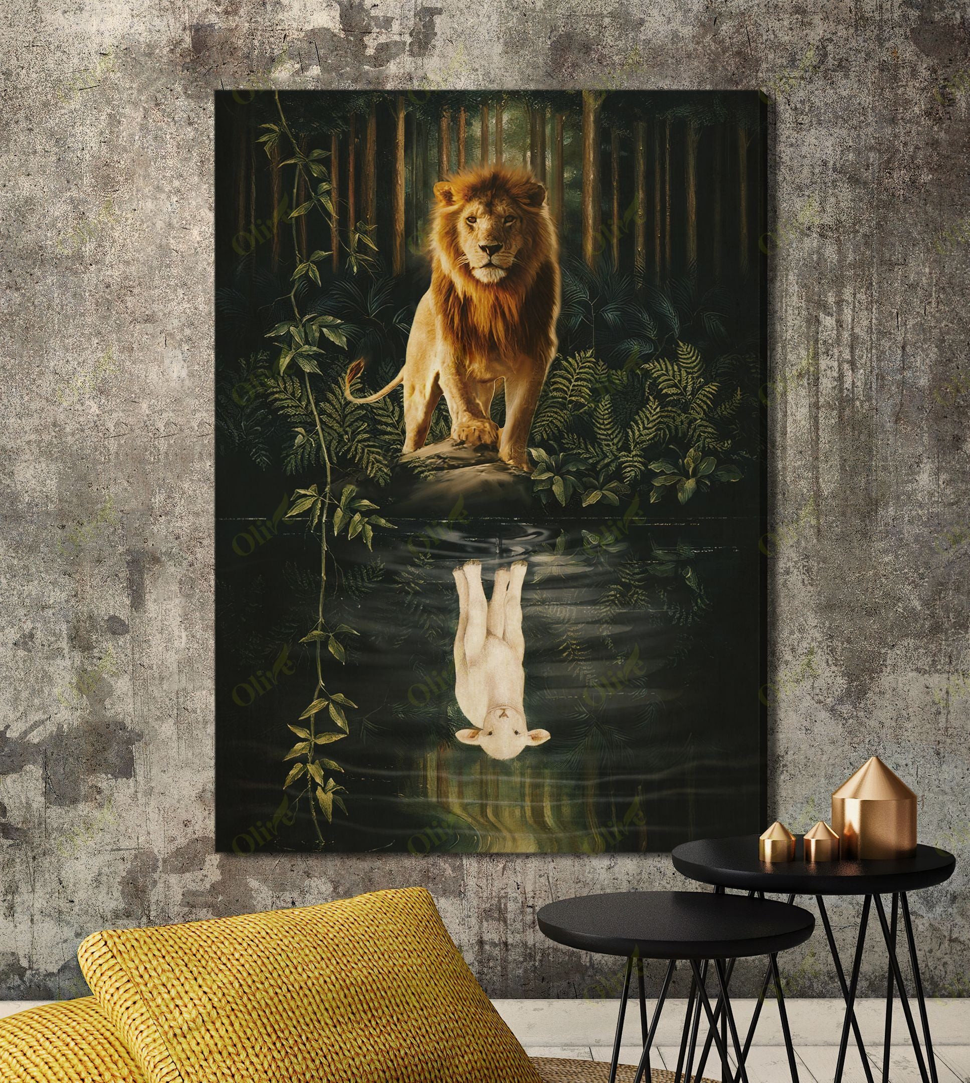 Lion And Sheep - Awesome Reflection Poster And Canvas Art Wall Decor