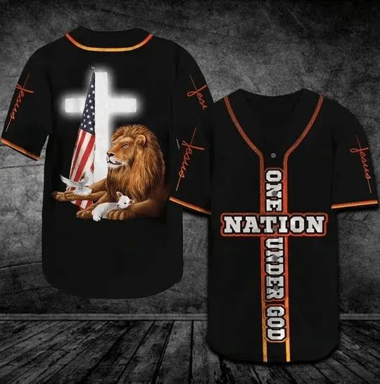 Lion Lamb One Nation Under God Personalized 3d Baseball Jersey kv, Unisex Jersey Shirt for Men Women