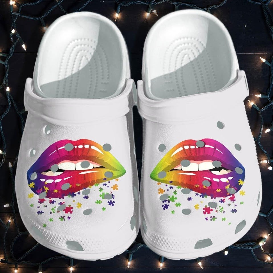 Lip Rainbow Puzzle Crocs Shoes Clogs For Autism Girls - Autism Awareness Puzzle Cute Outdoor Crocs Shoes