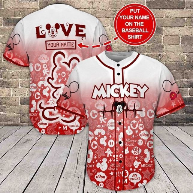 Love Mickey Custom Name White Red Gift For Lover Baseball Jersey