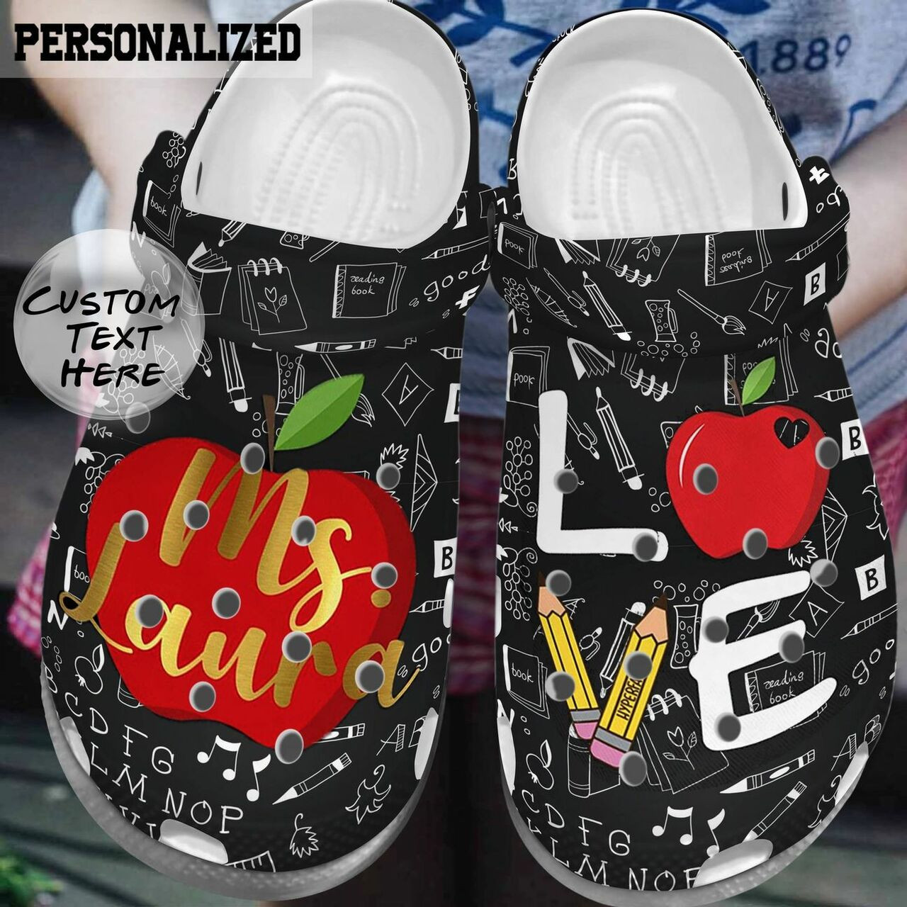 Love Teacher Pattern Custom Name Crocs Crocband Clog Shoes For Men Women