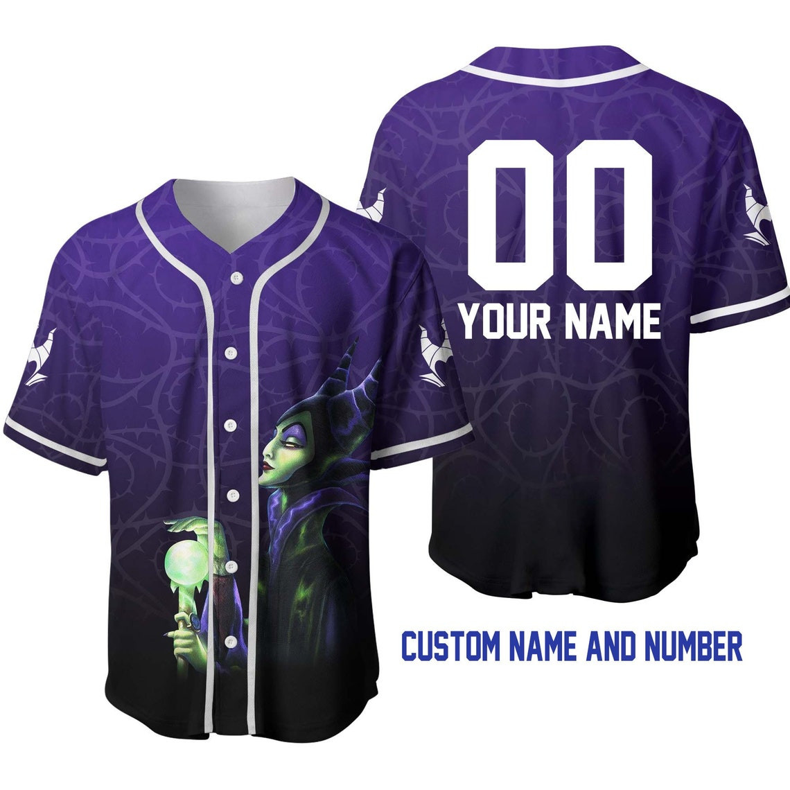 Maleficent Ombre Purple Black Disney Unisex Cartoon Custom Baseball Jersey Personalized Shirt Men Women