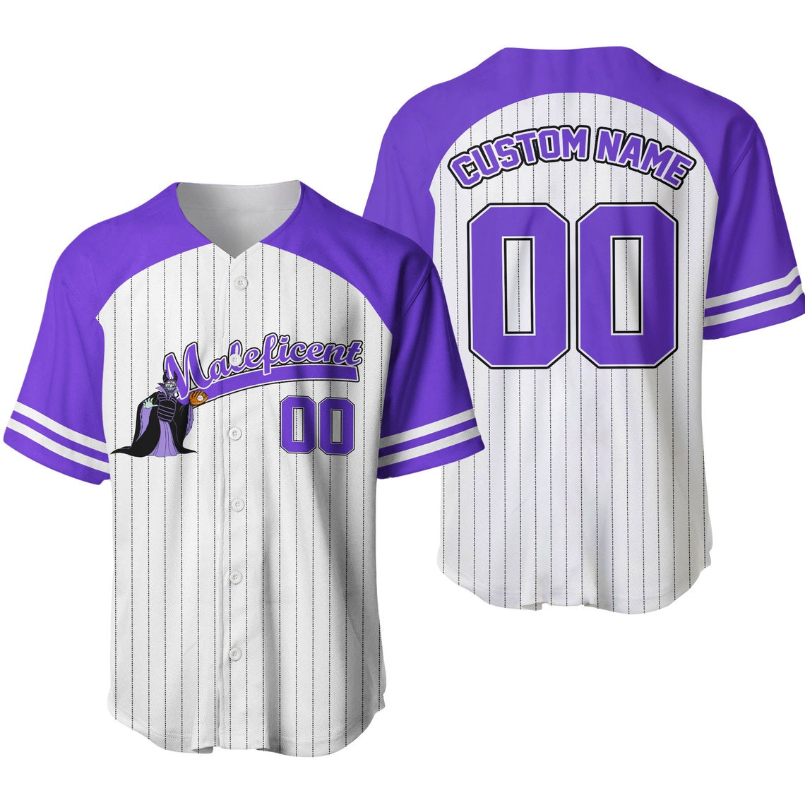 Maleficent Striped Purple White Unisex Cartoon Custom Baseball Jersey Personalized Shirt Men Women