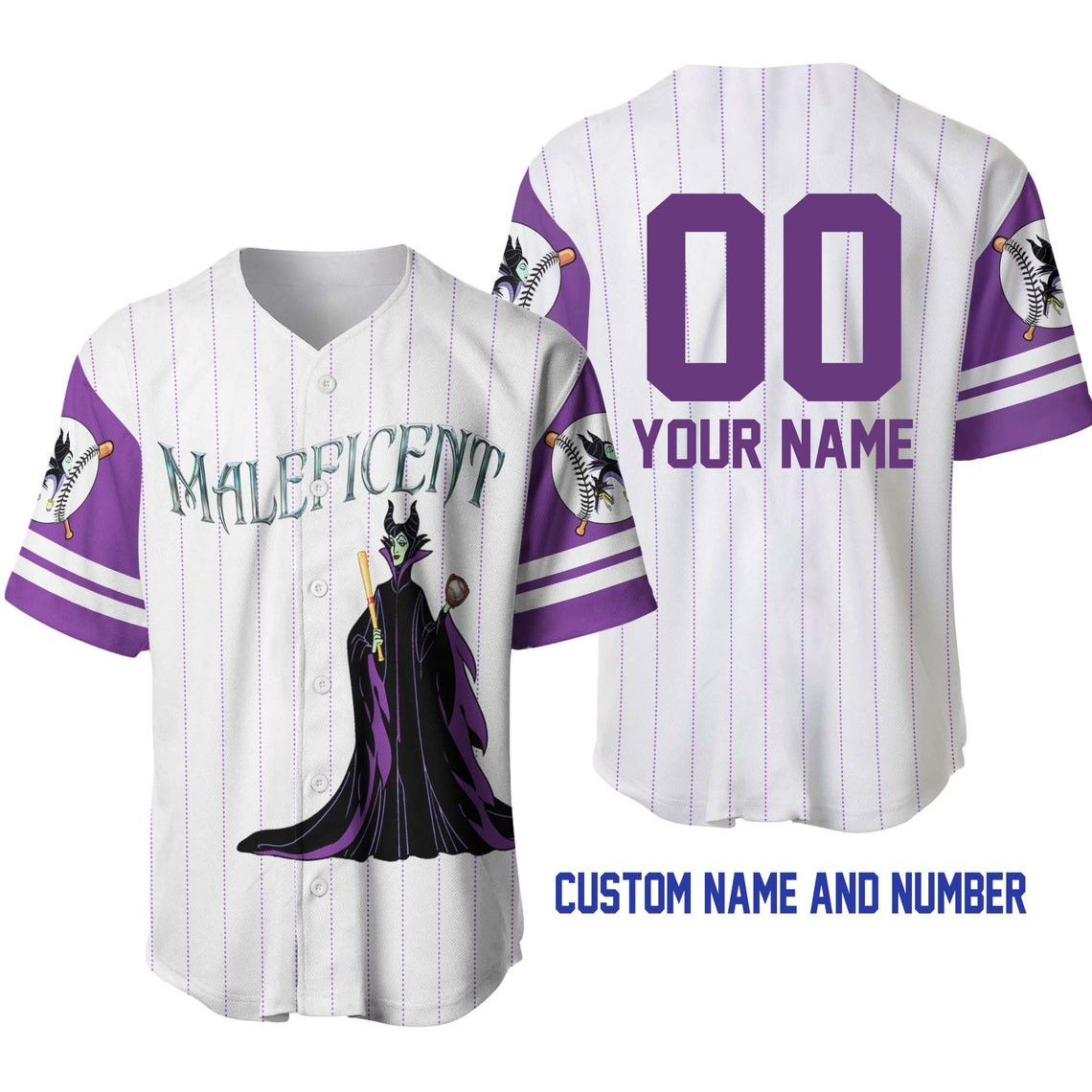 Maleficent White Purple Lavender Disney Unisex Cartoon Custom Baseball Jersey Personalized Shirt Men Women