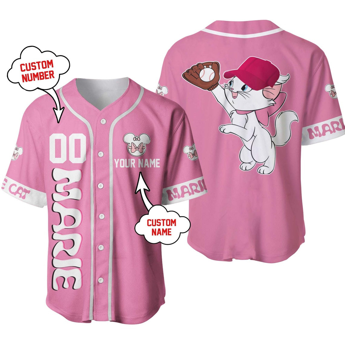 Marie Cat Light Pink White Disney Unisex Cartoon Custom Baseball Jersey Personalized Shirt Men Women