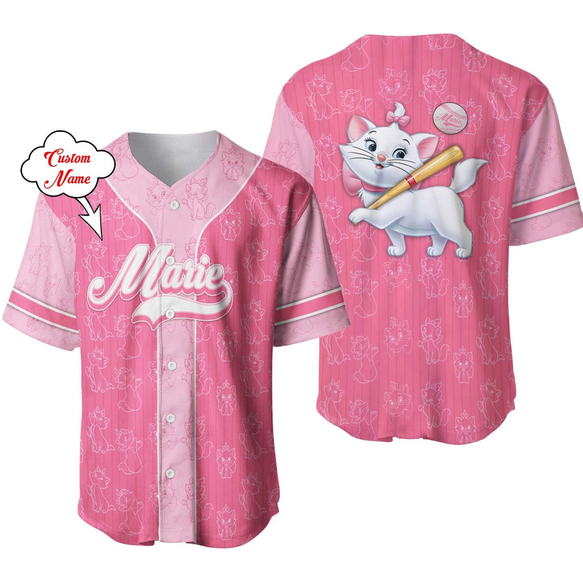 Marie Cat Pink White Patterns Disney Unisex Cartoon Custom Baseball Jersey Personalized Shirt Men Women
