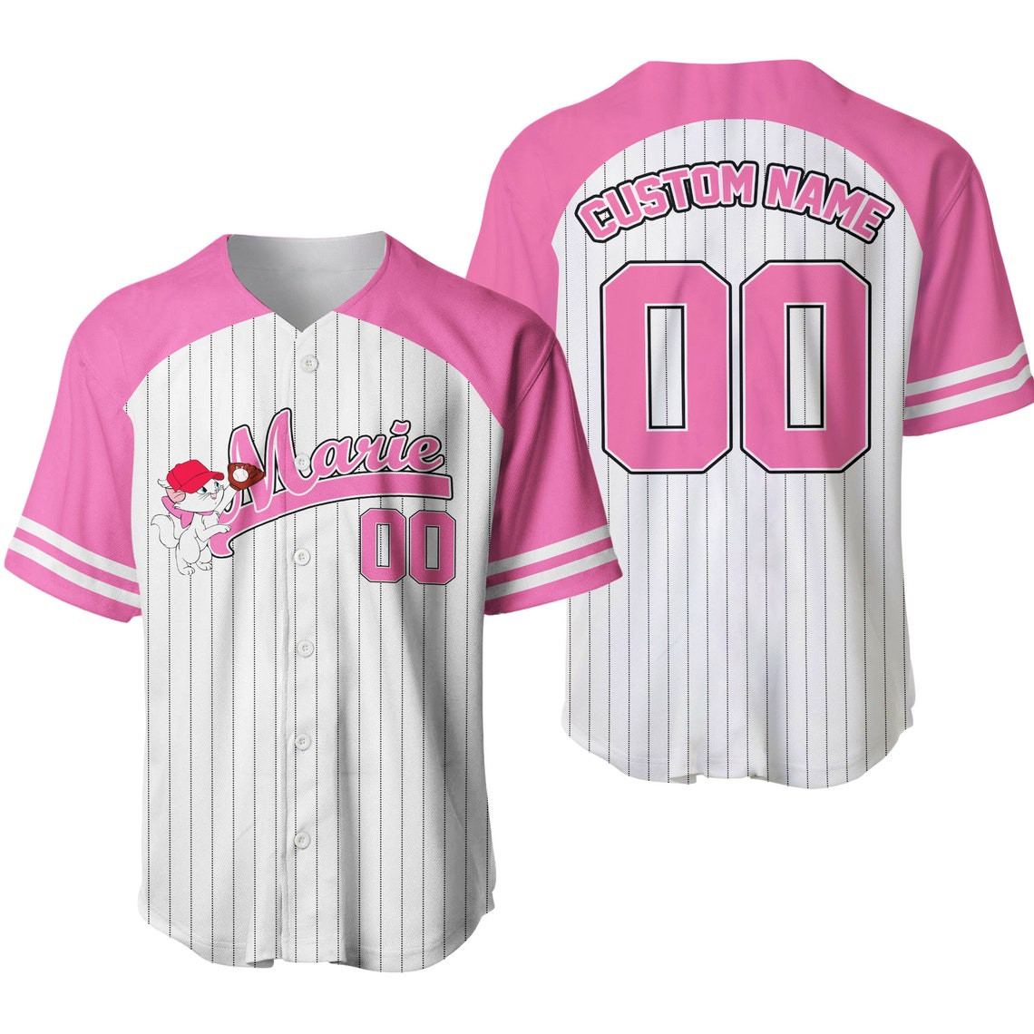 Marie Cat Striped Pink White Unisex Cartoon Custom Baseball Jersey Personalized Shirt Men Women