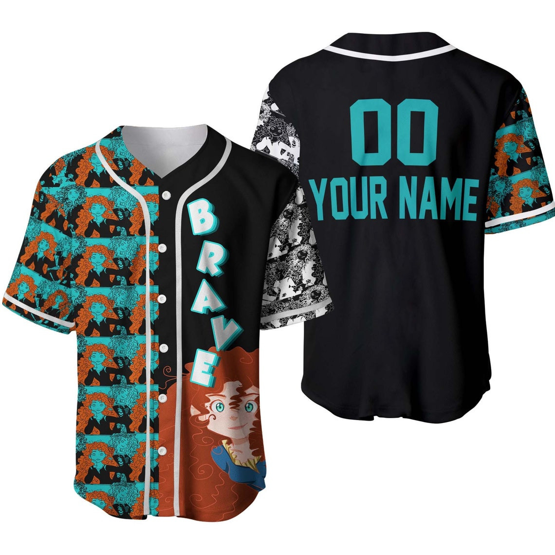 Merida Brave Black Teal Orange Disney Unisex Cartoon Custom Baseball Jersey Personalized Shirt Men Women