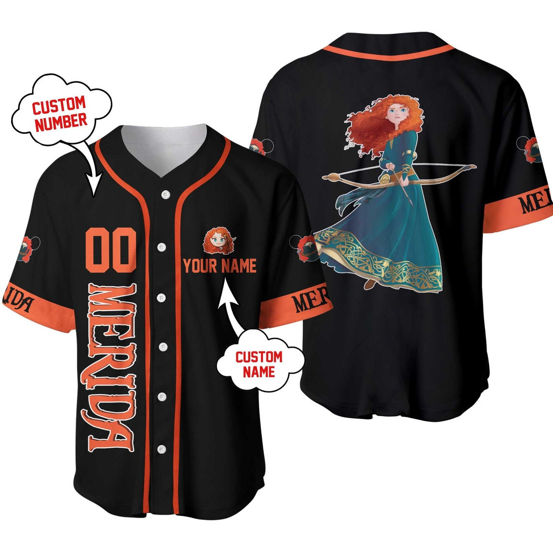 Merida Princess Black Orange Teal Disney Unisex Cartoon Custom Baseball Jersey Personalized Shirt Men Women