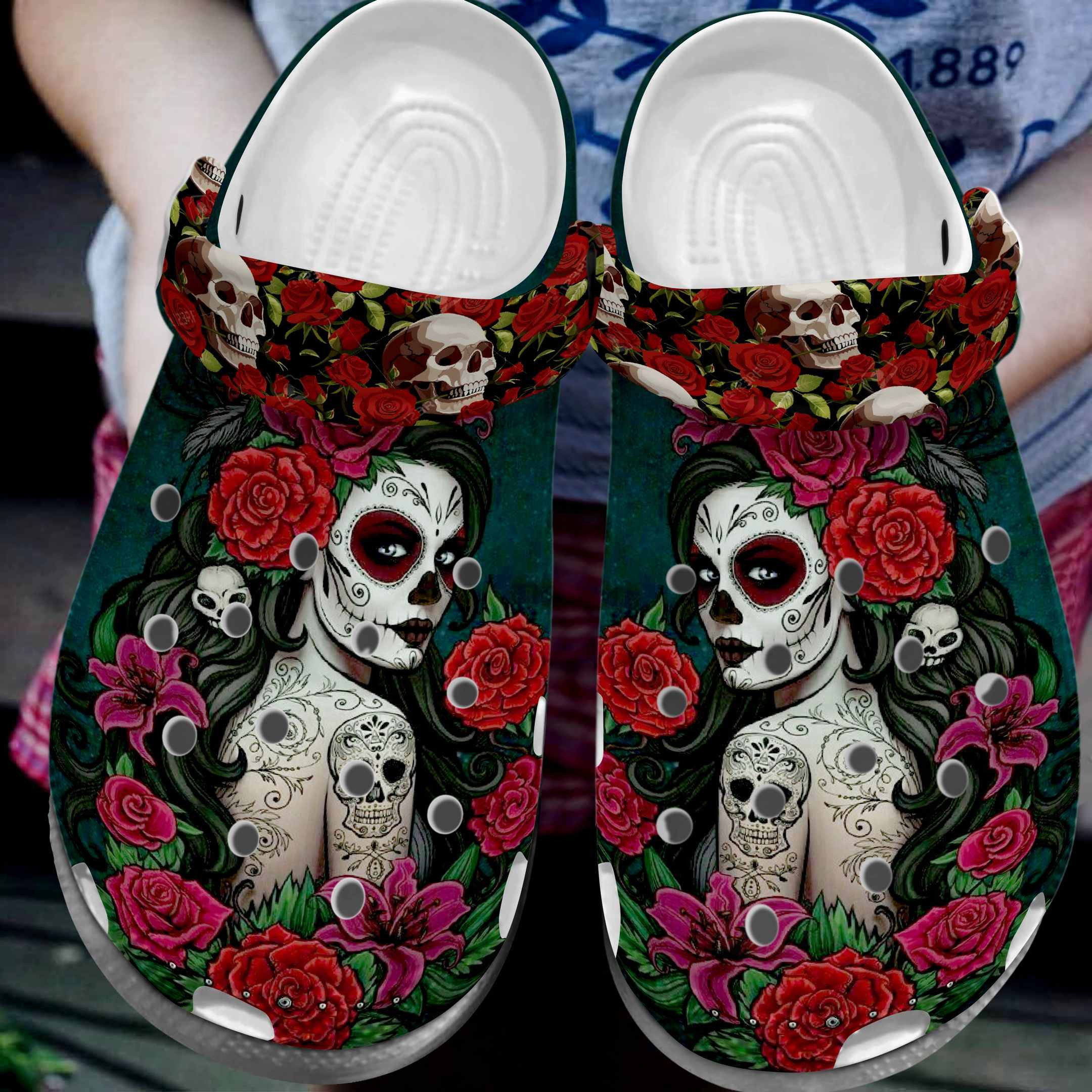Mexican Sugar Skull Girl Tattoo Rose Flower Crocs Shoes Crocbland Clog Gifts For Women