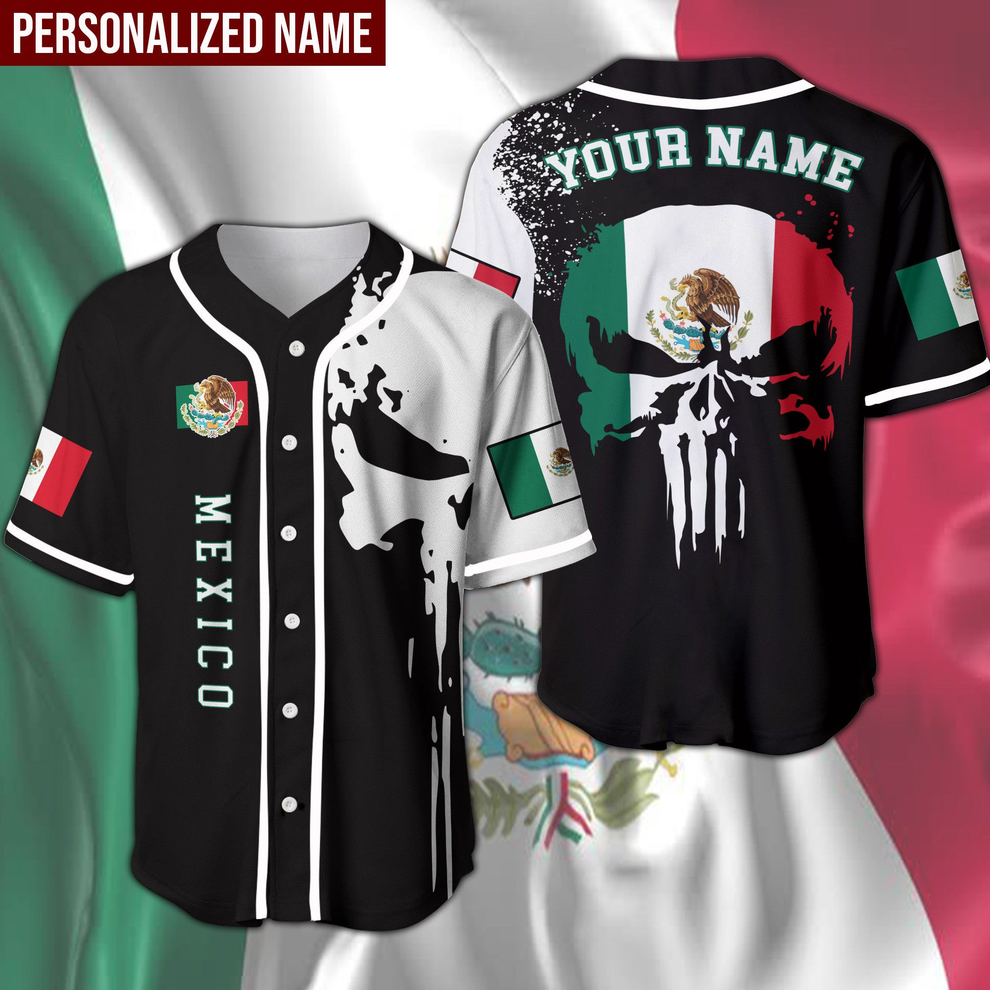 Mexico Skull Flag Personalized Baseball Jersey