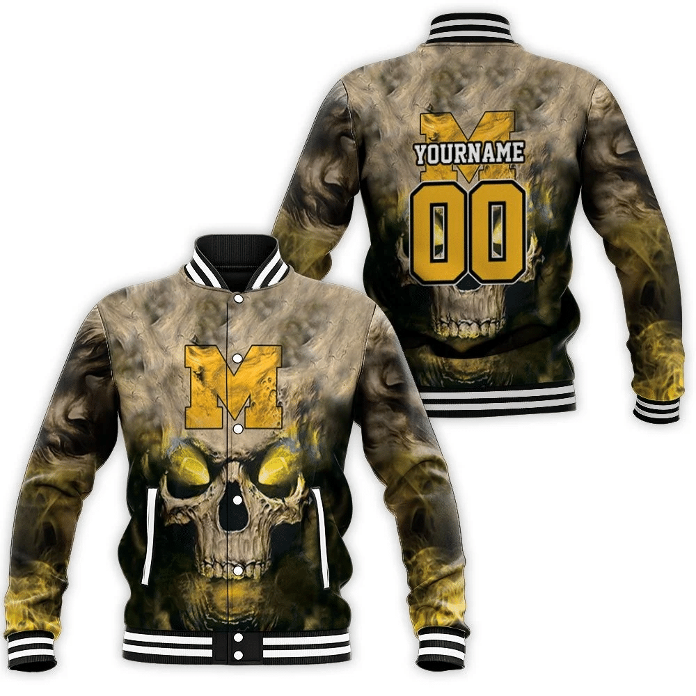 Michigan Wolverines Skull Michigan Wolverines 3ds Baseball Jacket for Men Women