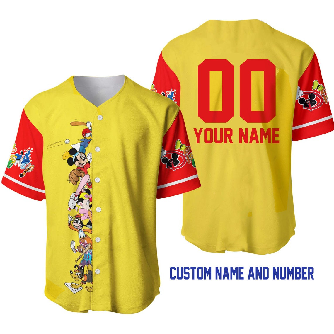 Mickey Minnie Friends Yellow Red Disney Unisex Cartoon Custom Baseball Jersey Personalized Shirt Men Women