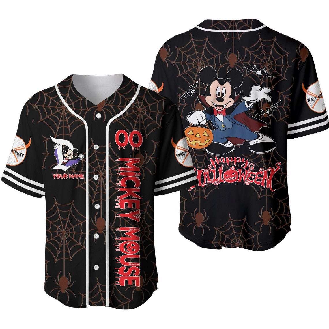 Mickey Mouse Black Red Happy Halloween Disney Unisex Cartoon Custom Baseball Jersey Personalized Shirt Men Women