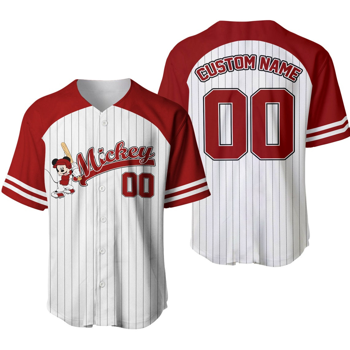 Mickey Mouse Custom Striped White Red Disney Unisex Cartoon Custom Baseball Jersey Personalized Shirt Men Women