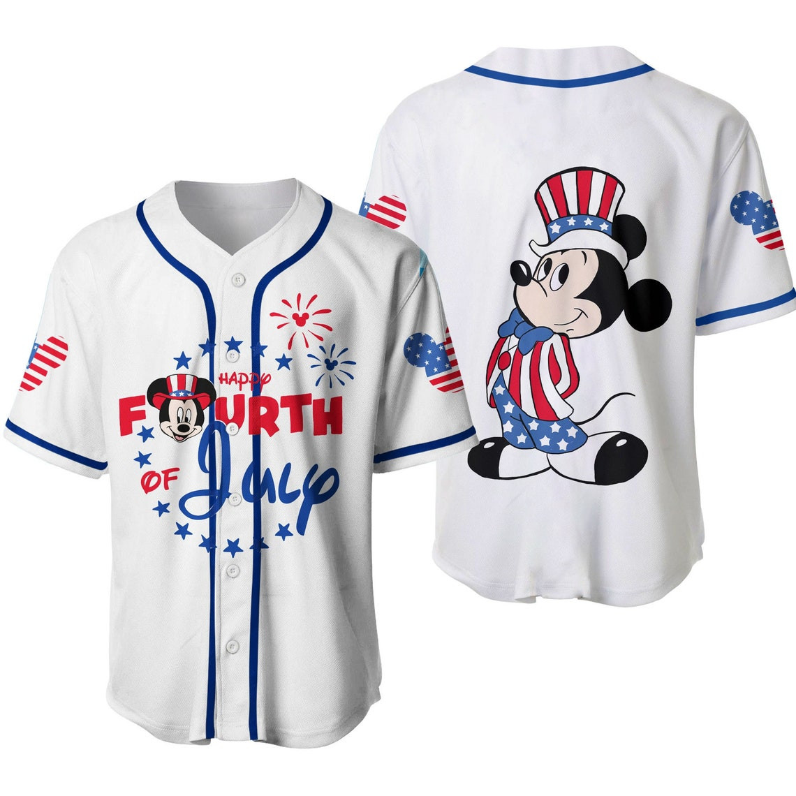 Mickey Mouse Happy 4th Of July White Blue Disney Unisex Cartoon Custom Baseball Jersey Personalized Shirt Men Women