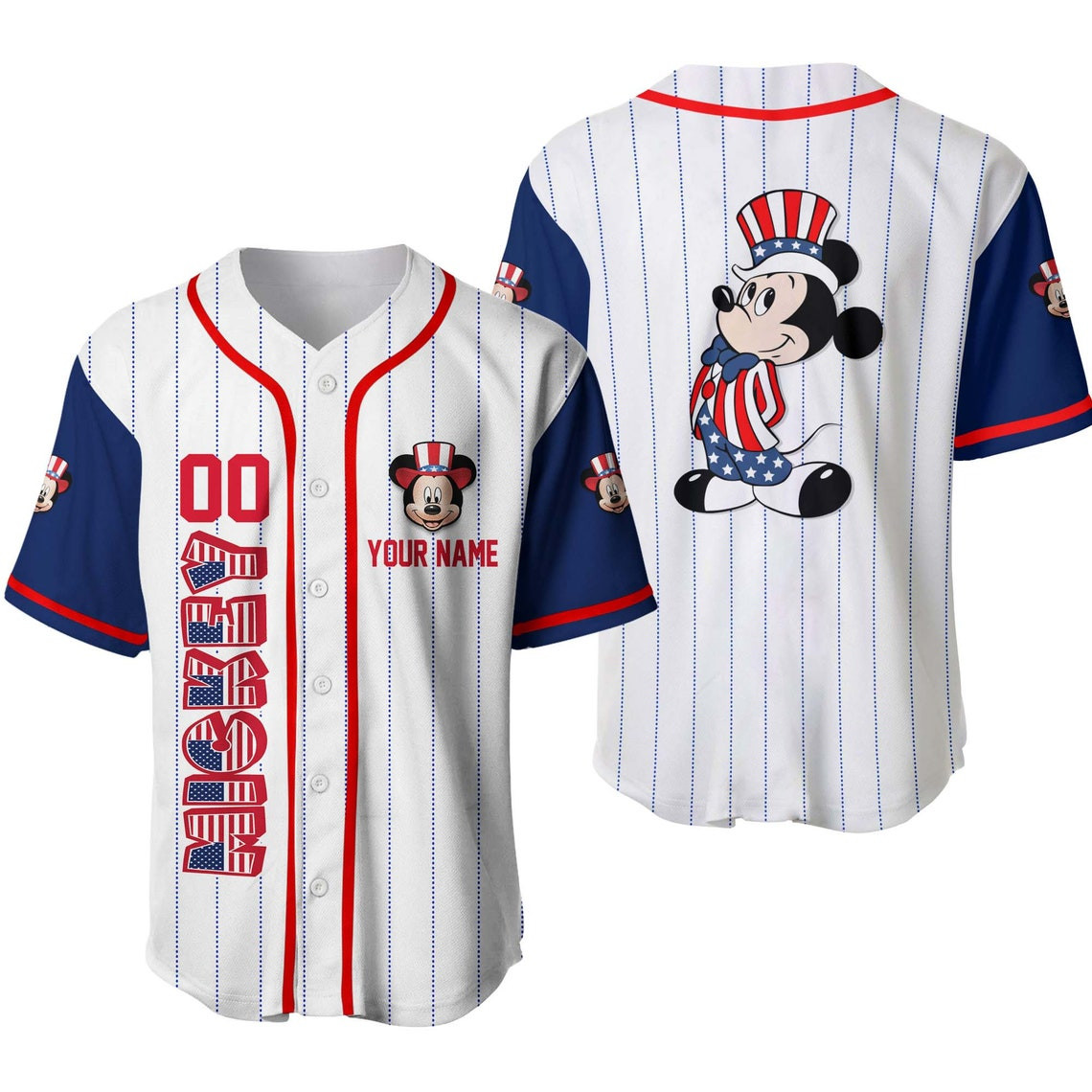 Mickey Mouse July 4th US American Flag Red White Blue Disney Unisex Holiday Outfits Custom Baseball Jersey Personalized Shirt Men Women