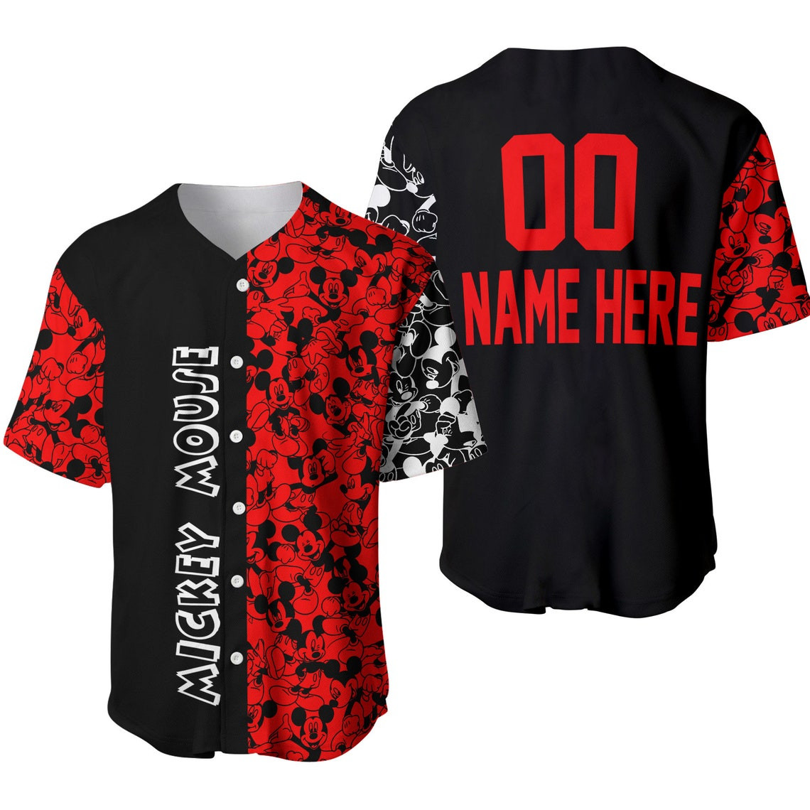 Mickey Mouse Pattern Red Black Disney Unisex Cartoon Custom Baseball Jersey Personalized Shirt Men Women