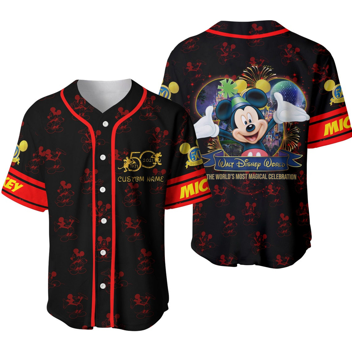 Mickey Mouse Red Disney 50th Anniversary Pattern Unisex Cartoon Custom Baseball Jersey Personalized Shirt Men Women