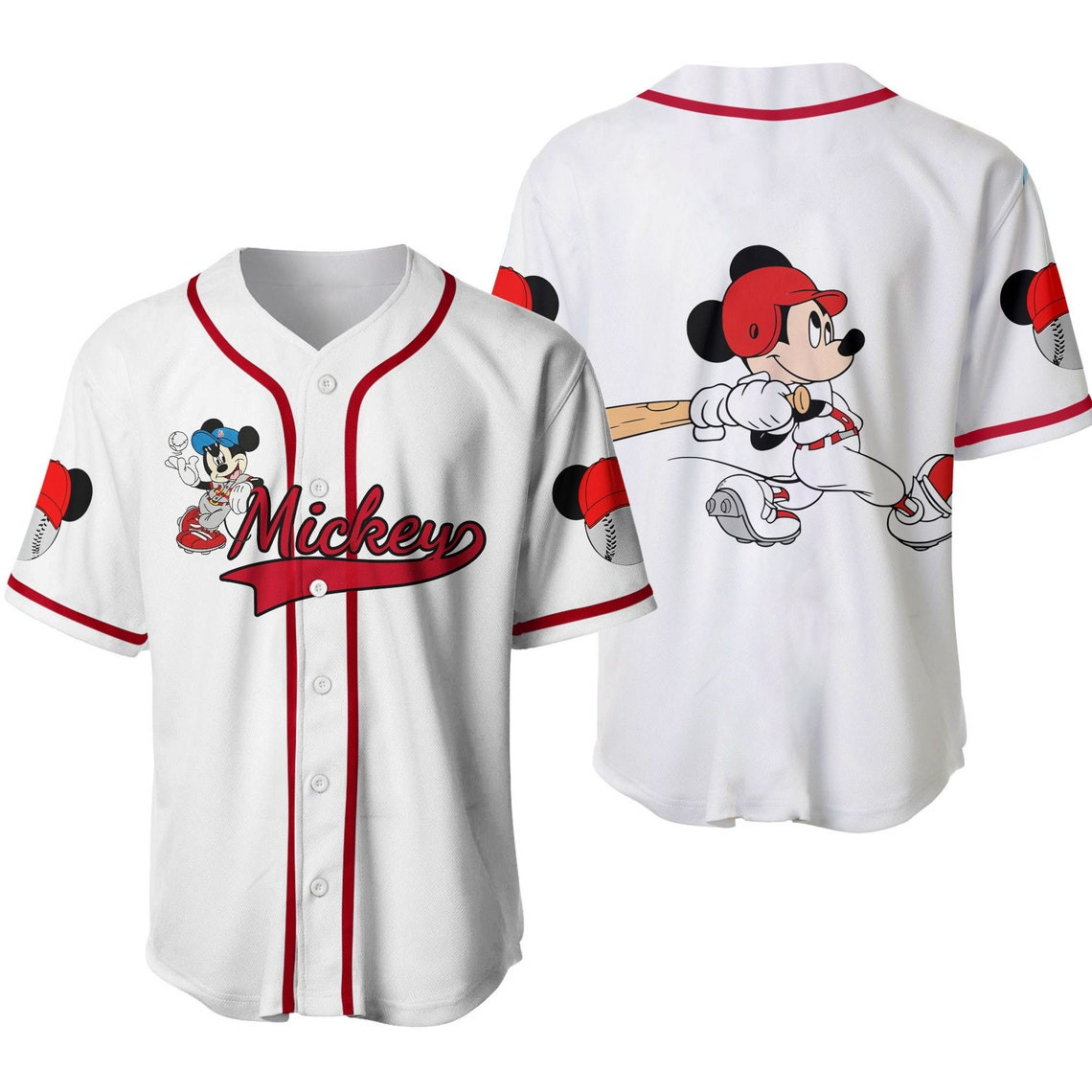 Mickey Mouse White Red Disney Unisex Cartoon Custom Baseball Jersey Personalized Shirt Men Women