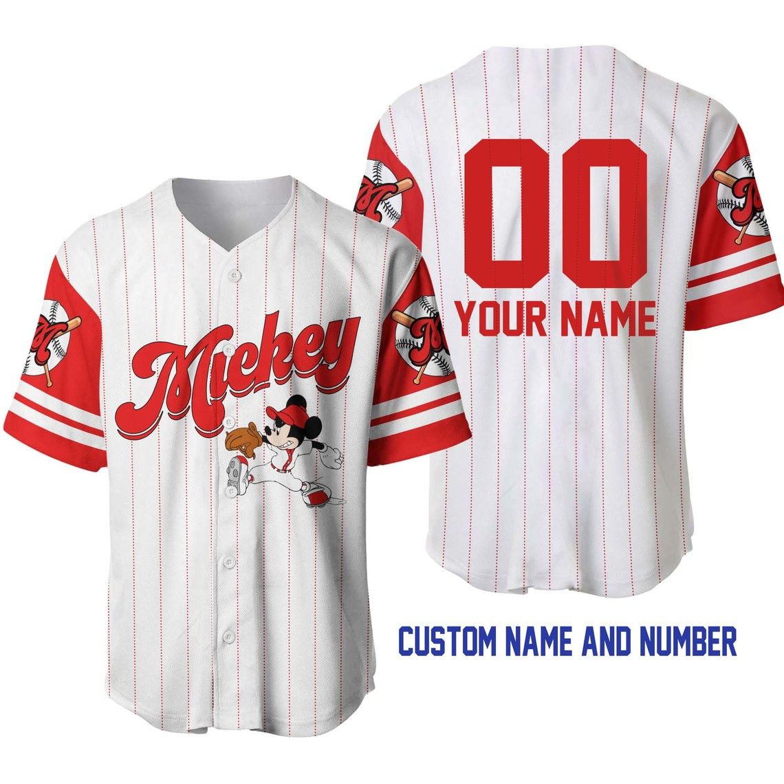 Mickey Mouse White Red Disney Unisex Cartoon Custom Baseball Jersey Personalized Shirt Men Women