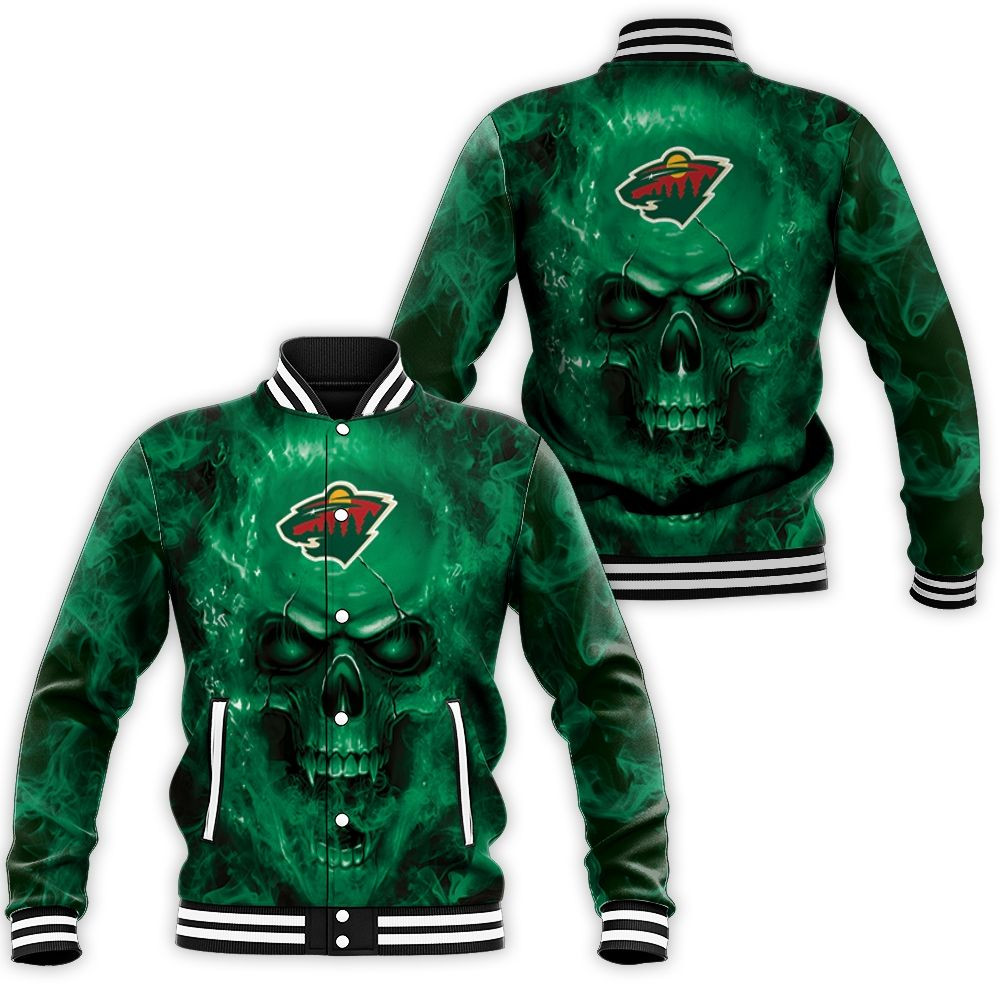 Minnesota Wild Nhl Fans Skull Baseball Jacket for Men Women