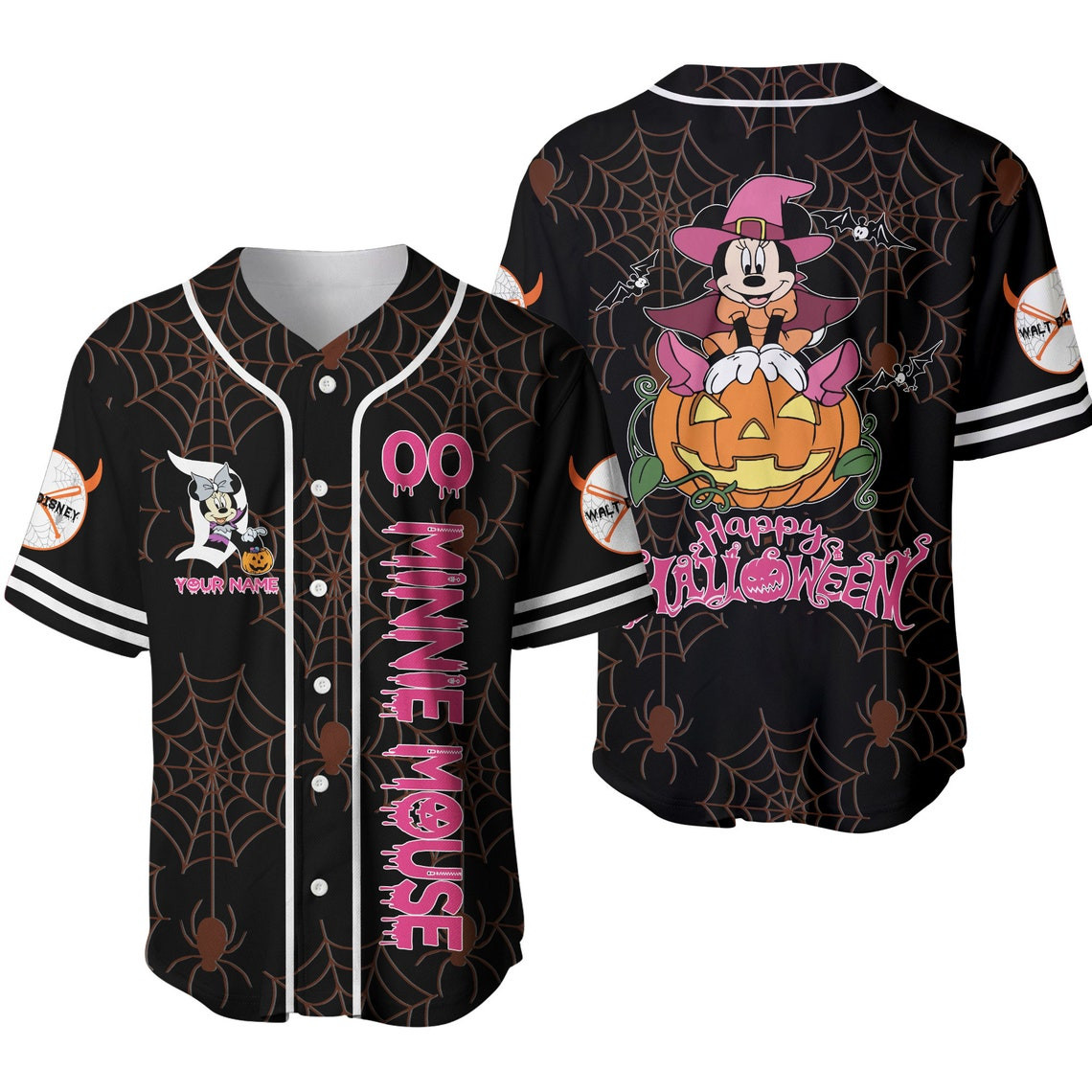 Minnie Mouse Black Pink Happy Halloween Disney Unisex Cartoon Custom Baseball Jersey Personalized Shirt Men Women