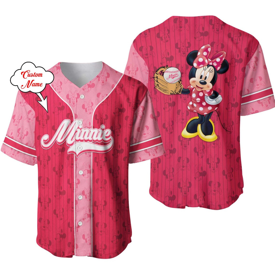 Minnie Mouse Dark Pink White Patterns Disney Unisex Cartoon Custom Baseball Jersey Personalized Shirt Men Women