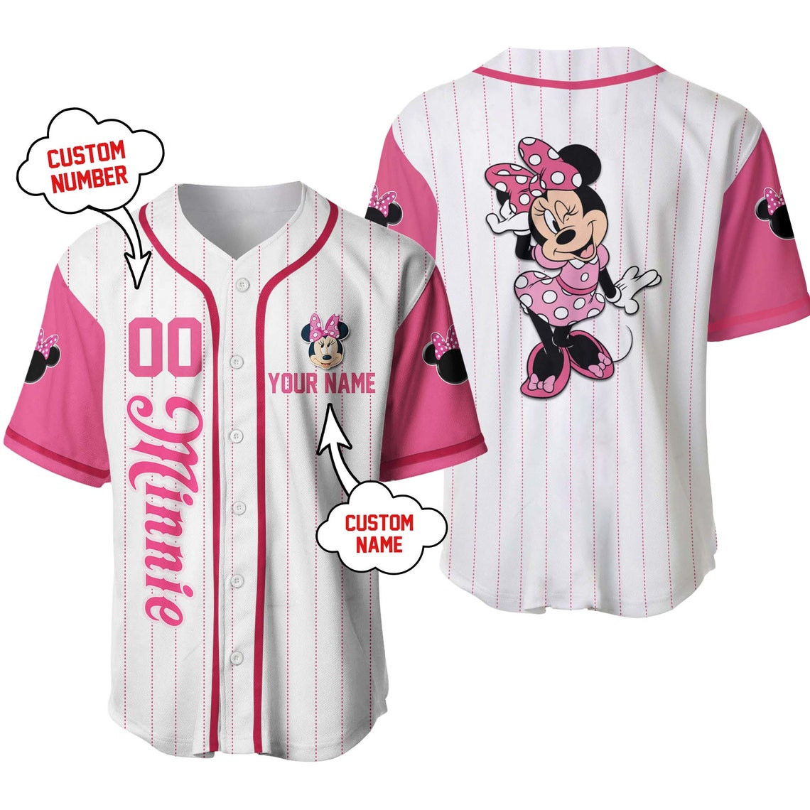 Minnie Mouse Disney Unisex Cartoon Custom Baseball Jersey Personalized Shirt Kid Youth Men Women