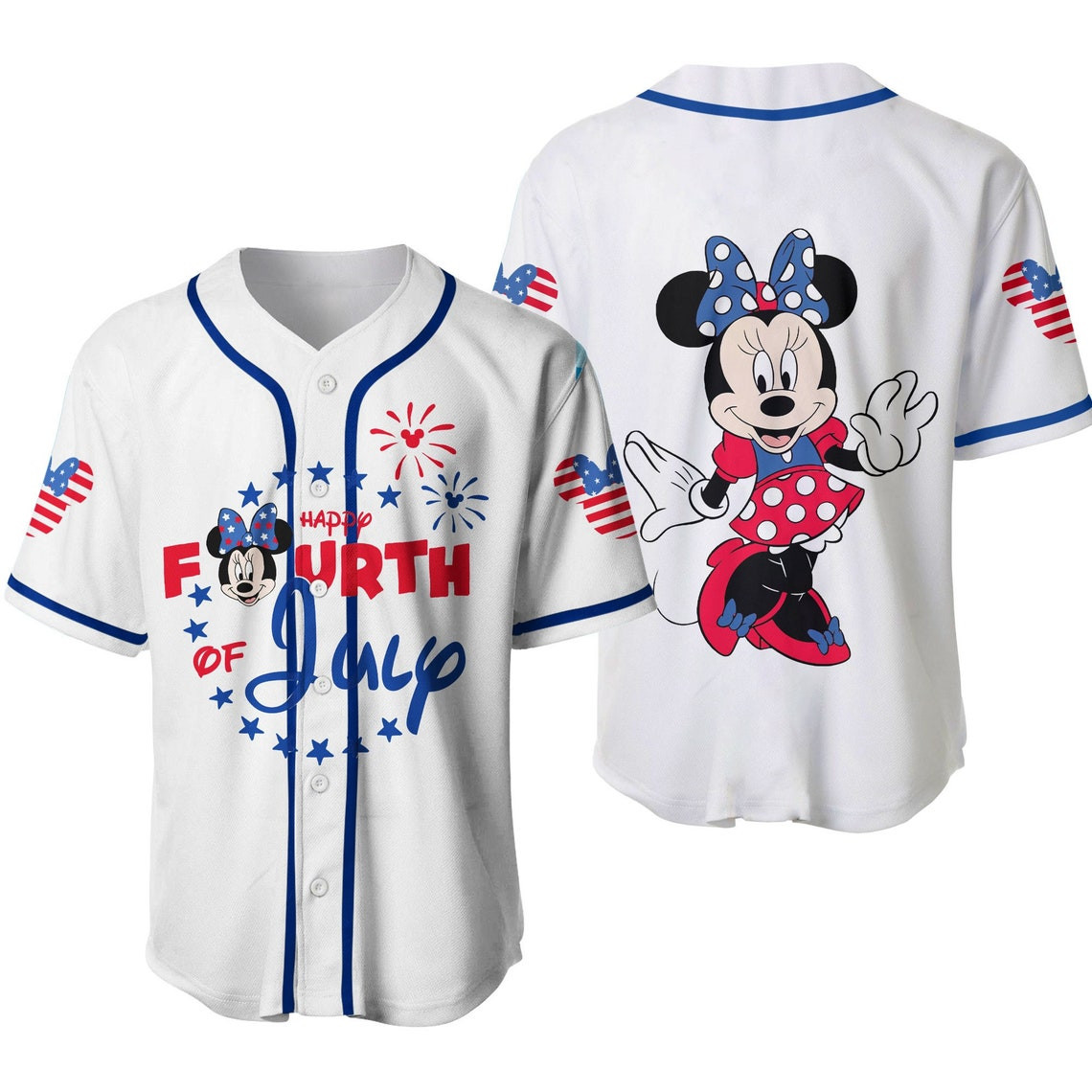 Minnie Mouse Happy 4th Of July White Blue Disney Unisex Cartoon Custom Baseball Jersey Personalized Shirt Men Women