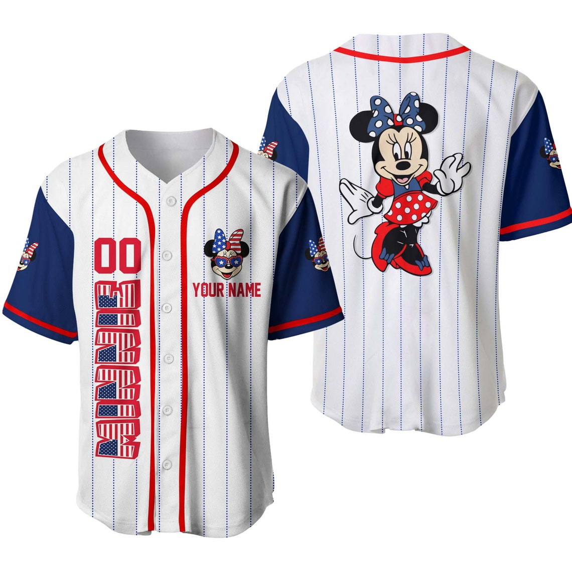 Minnie Mouse July 4th US American Flag Red White Blue Disney Unisex Holiday Outfits Custom Baseball Jersey Personalized Shirt Men Women
