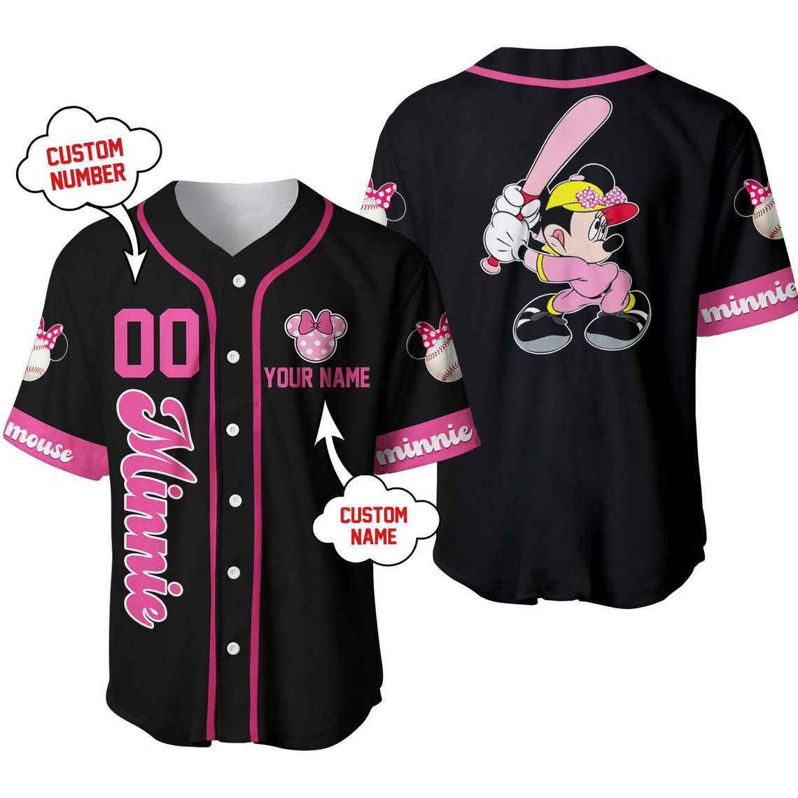 Minnie Mouse Pink Black Disney Unisex Cartoon Custom Baseball Jersey Personalized Shirt Men Women