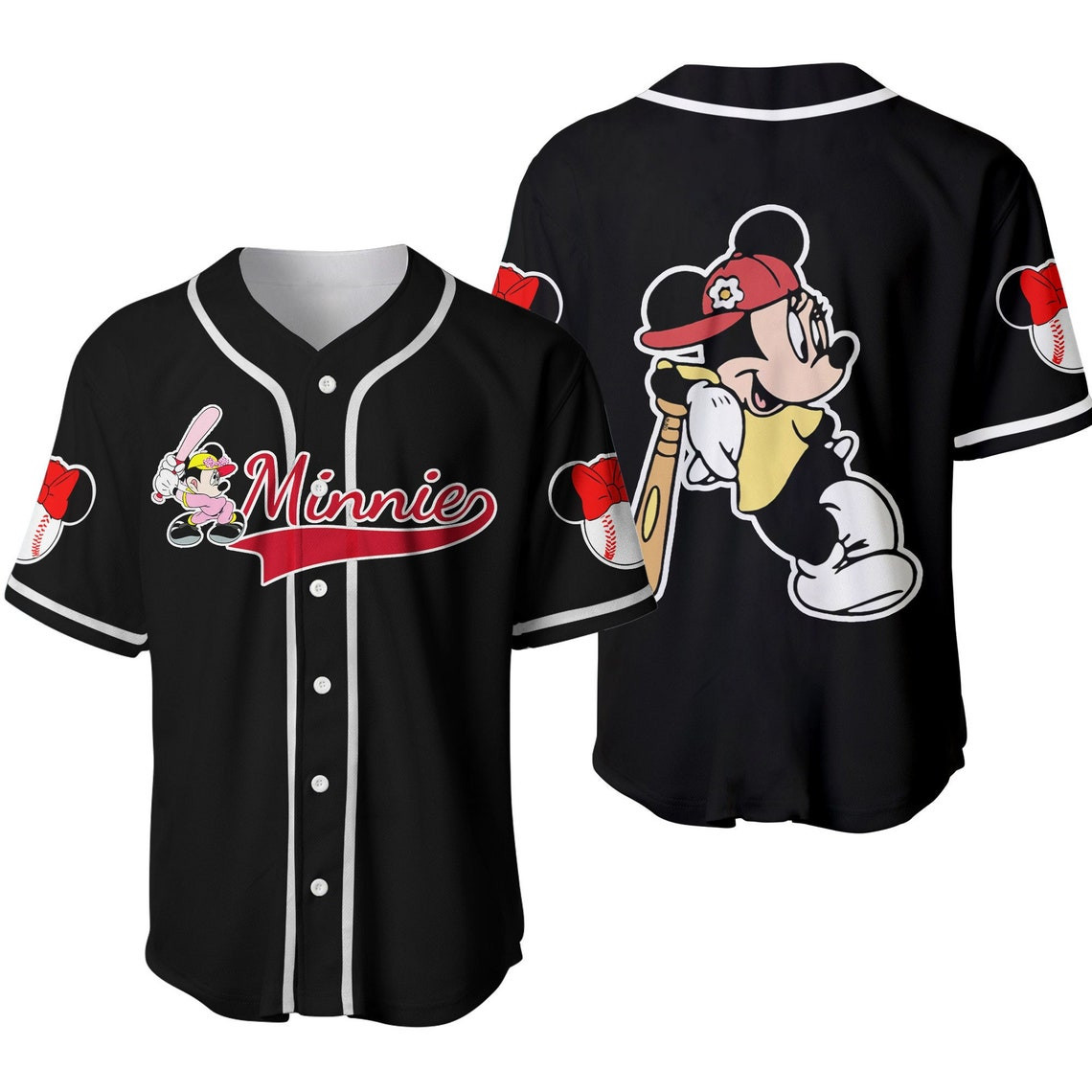 Minnie Mouse Red Black Cute Disney Unisex Cartoon Custom Baseball Jersey Personalized Shirt Men Women
