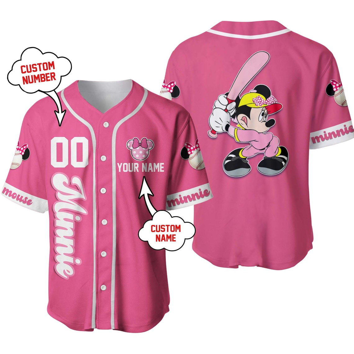 Minnie Mouse White Pink Disney Unisex Cartoon Custom Baseball Jersey Personalized Shirt Men Women