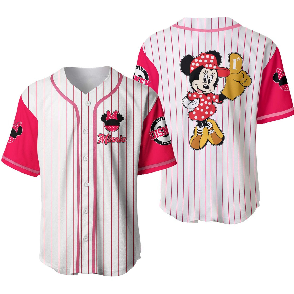 Minnie Mouse White Pink Vintage Stripes Disney Unisex Cartoon Custom Baseball Jersey Personalized Shirt Men Women
