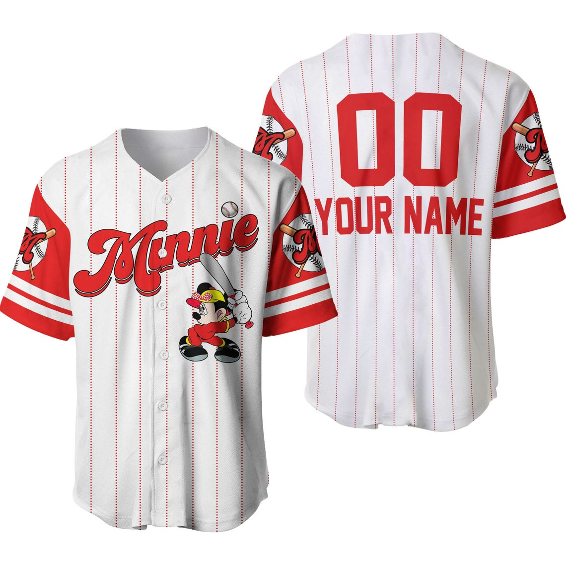 Minnie Mouse White Red Disney Unisex Cartoon Custom Baseball Jersey Personalized Shirt Men Women