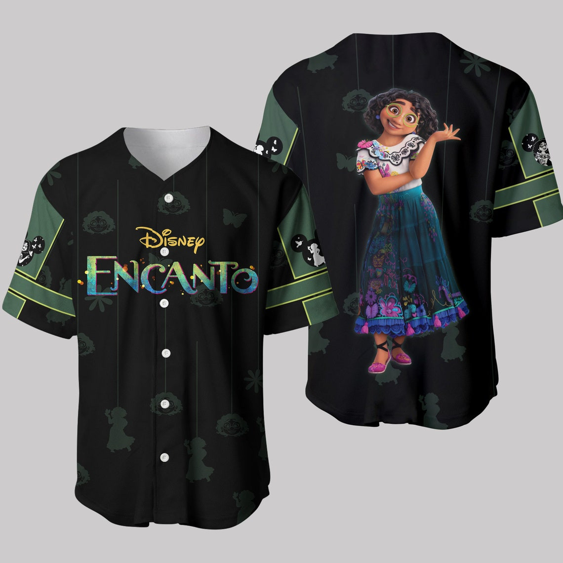 Mirabel Madrigal Encanto Black Green Pattern Disney Unisex Cartoon Custom Baseball Jersey Personalized Shirt Men Women