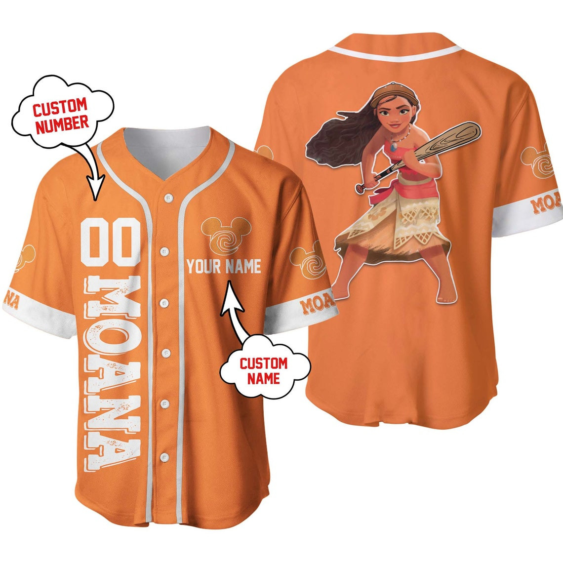 Moana Orange Custom Name Number Disney Unisex Cartoon Custom Baseball Jersey Personalized Shirt Men Women