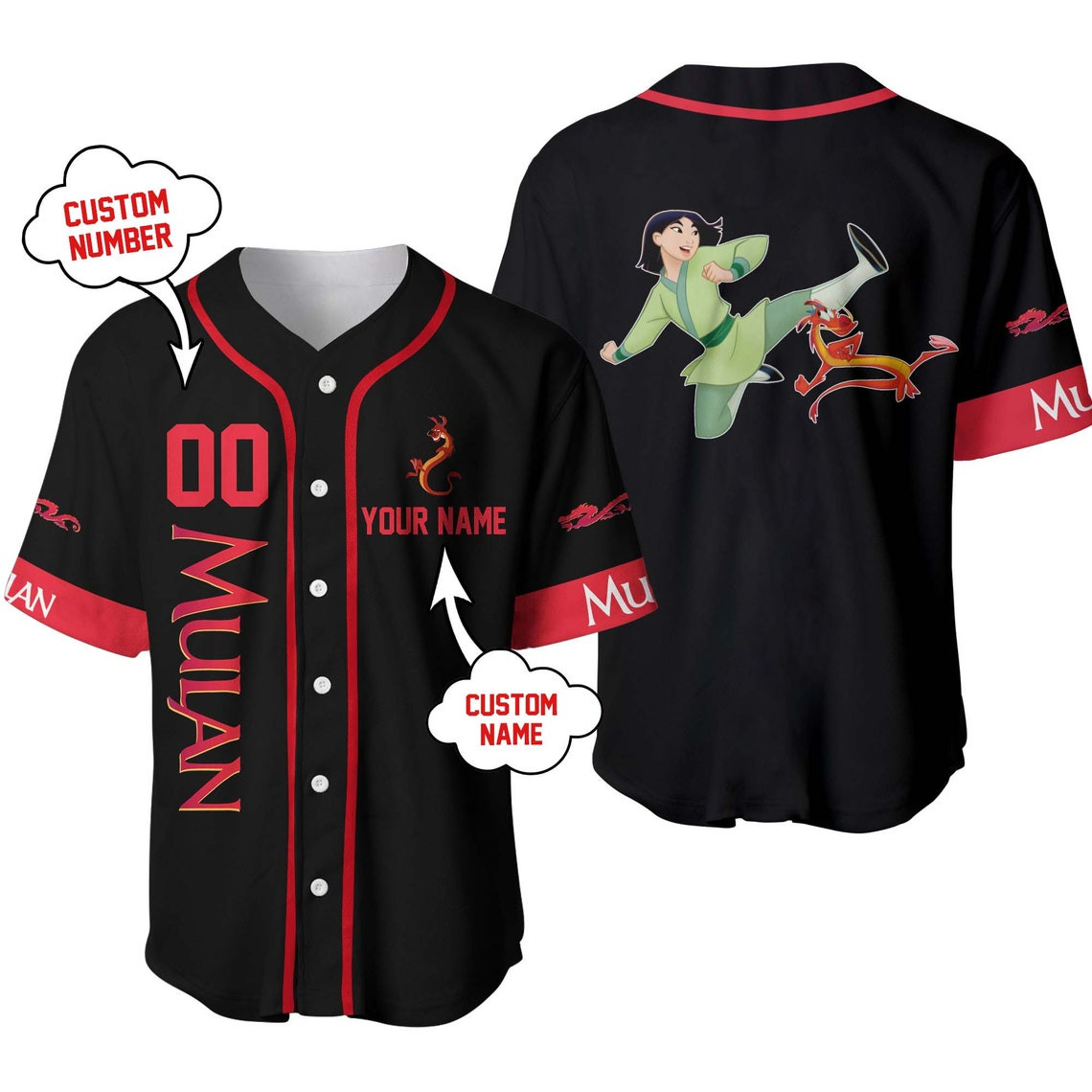 Mulan Mushu Dragon Black Red Disney Unisex Cartoon Custom Baseball Jersey Personalized Shirt Men Women