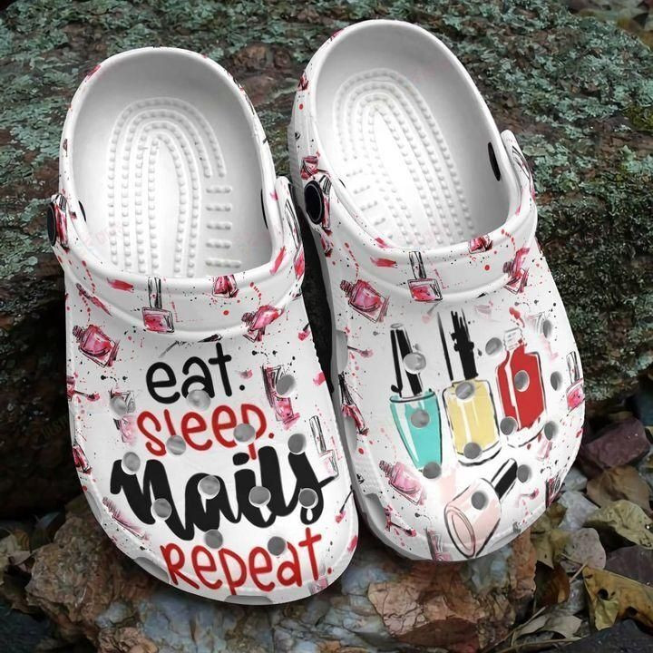 Nail Tech White Sole Eat Sleep Nail Repeat Crocs Classic Clogs Shoes