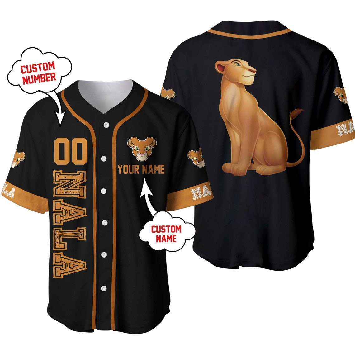 Nala Lion King Black Orange Brown Disney Unisex Cartoon Custom Baseball Jersey Personalized Shirt Men Women