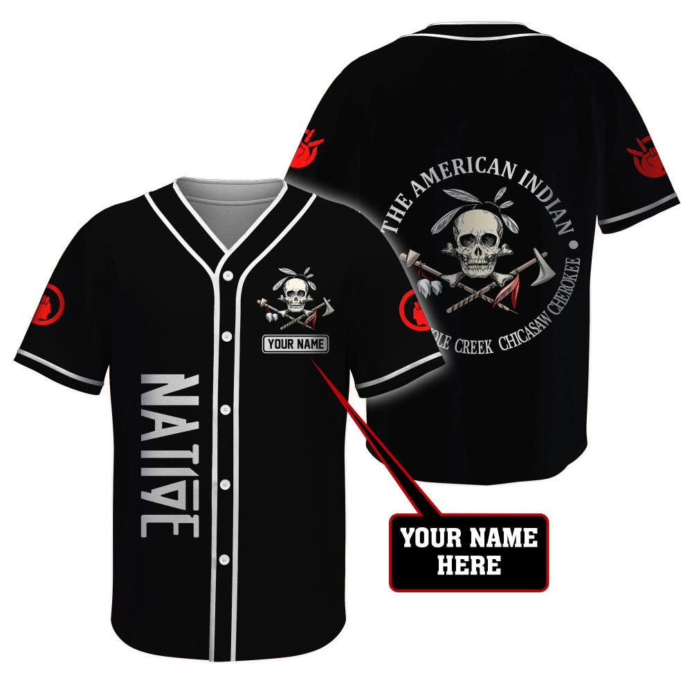 Native American Skull Cool Black Custom Name Baseball Jersey