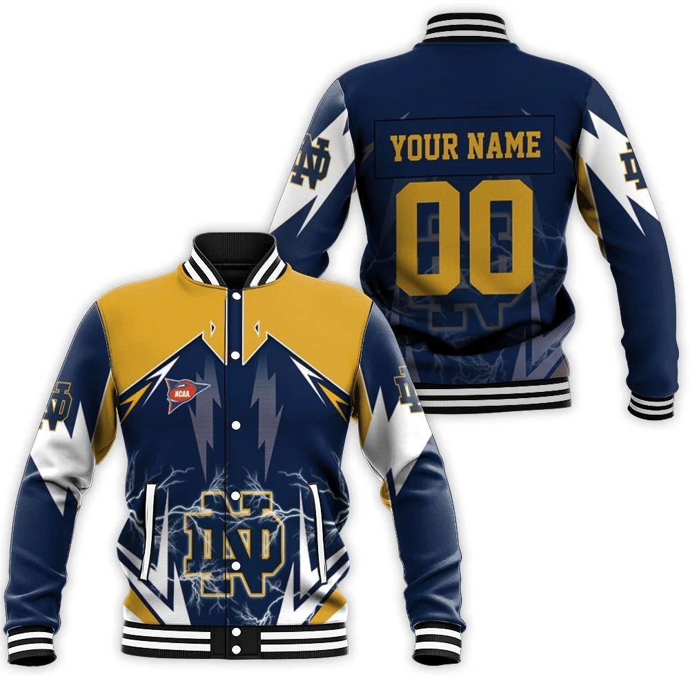 Ncaa Notre Dame Fighting Irish Lightning 3d Personalized Baseball Jacket for Men Women