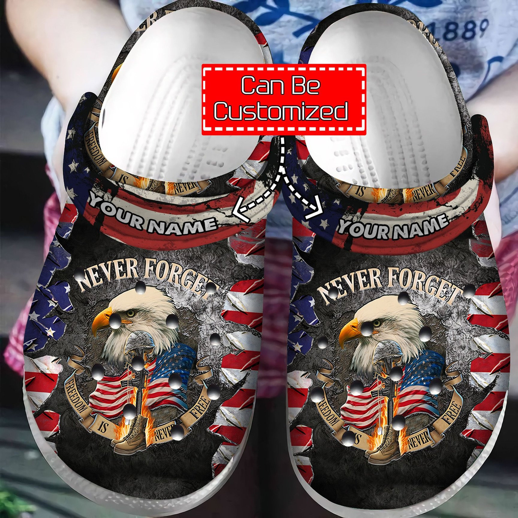 Never Forget Freedom Is For Free Flag Veteran Crocband Clog Personalized Veteran Crocs