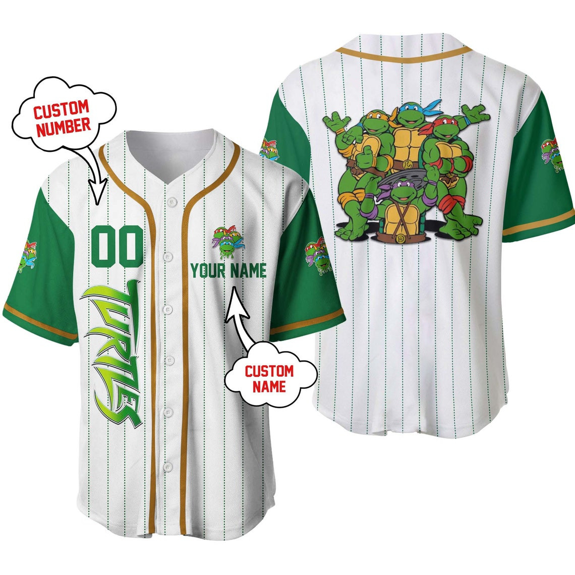 Ninja Turtle White Dark Kelly Green Disney Unisex Cartoon Custom Baseball Jersey Personalized Shirt Men Women