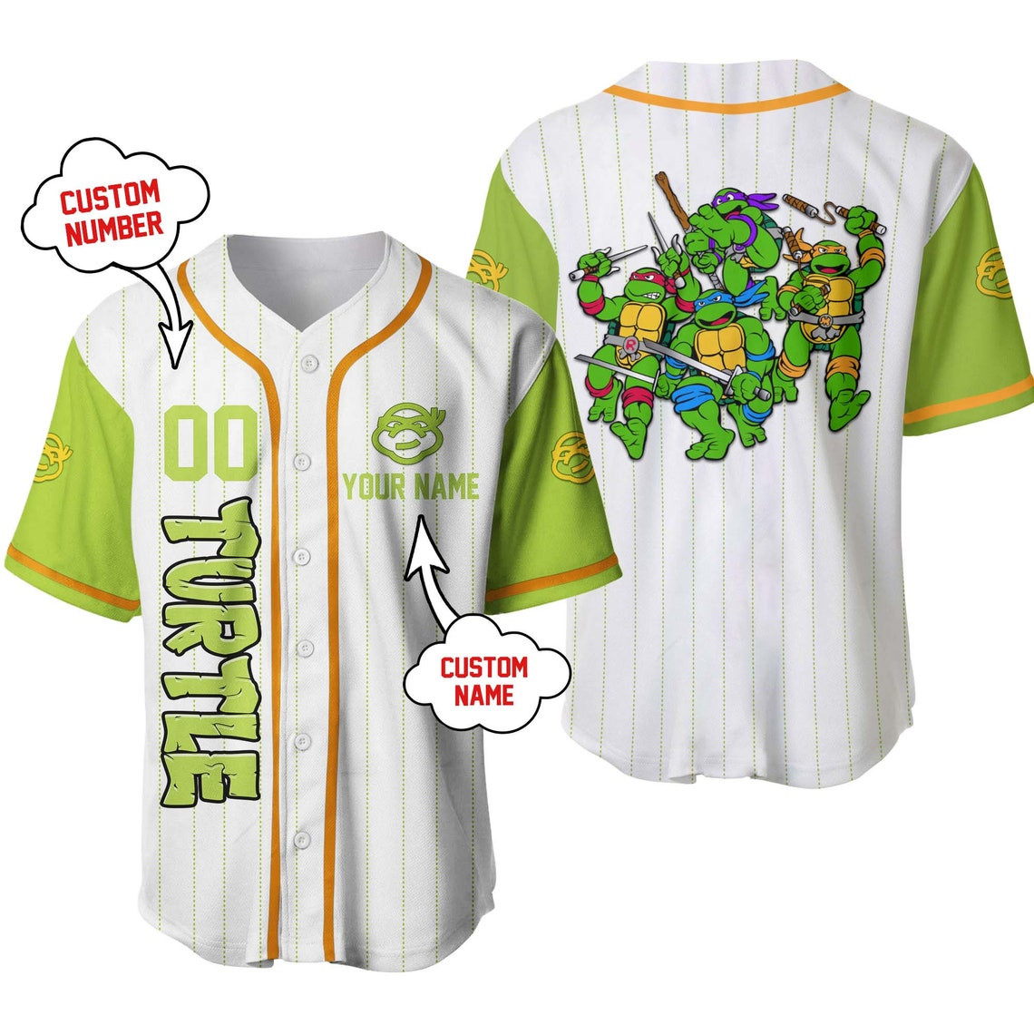 Ninja Turtle White Lime Green Disney Unisex Cartoon Custom Baseball Jersey Personalized Shirt Men Women