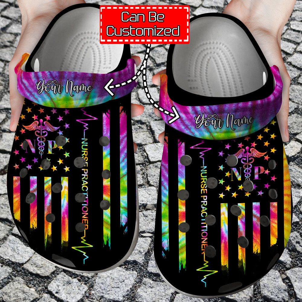 Nurse Crocs - Personalized American Nurse Practitioner Tie Dye Clog Shoes For Men And Women