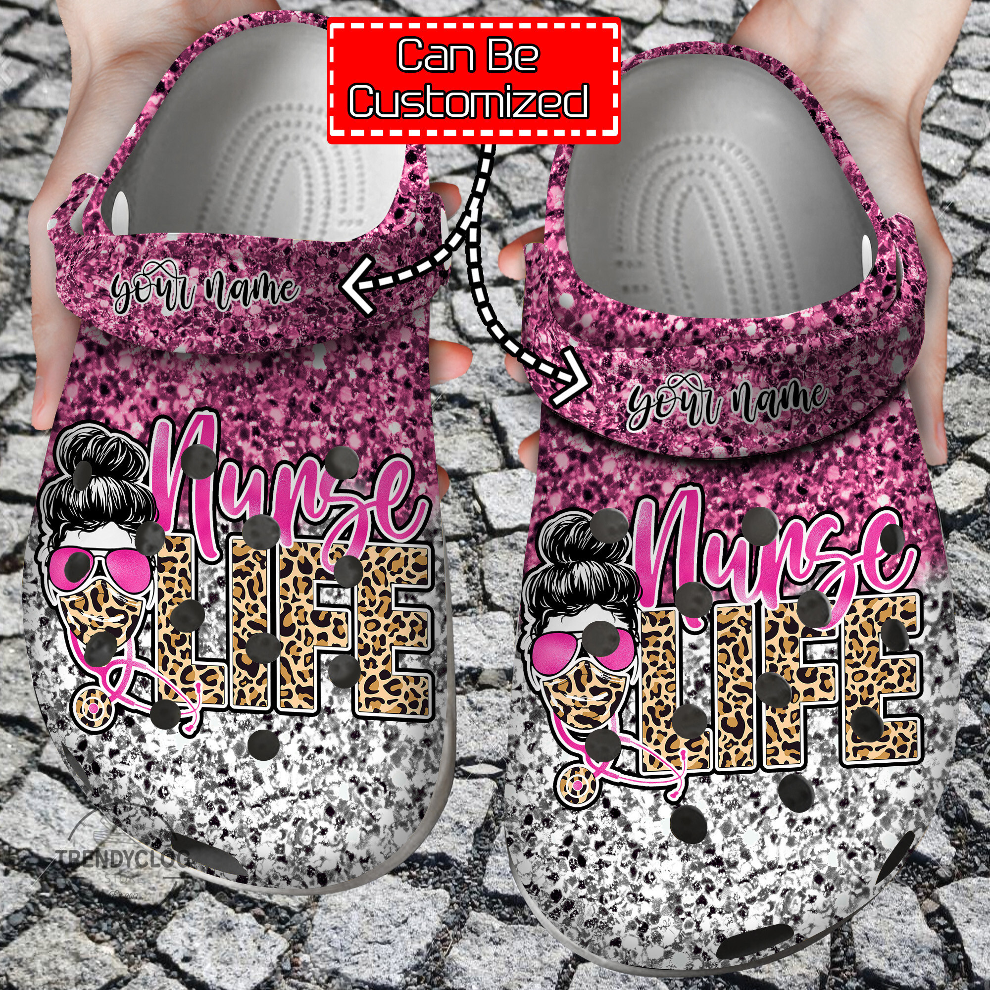 Nurse Crocs Personalized Nurse Life Face Leopard Gliiter Clog Shoes